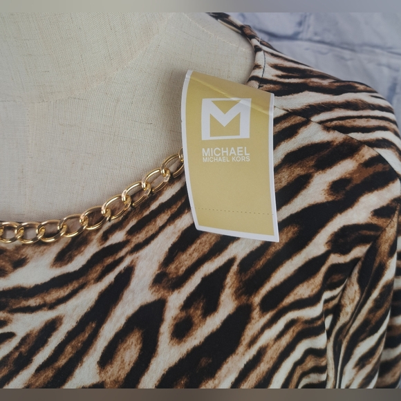 NWT Michael Kors Animal Print Dress Midi Ruched Gold Chain Camel $175 Large - Picture 10 of 13